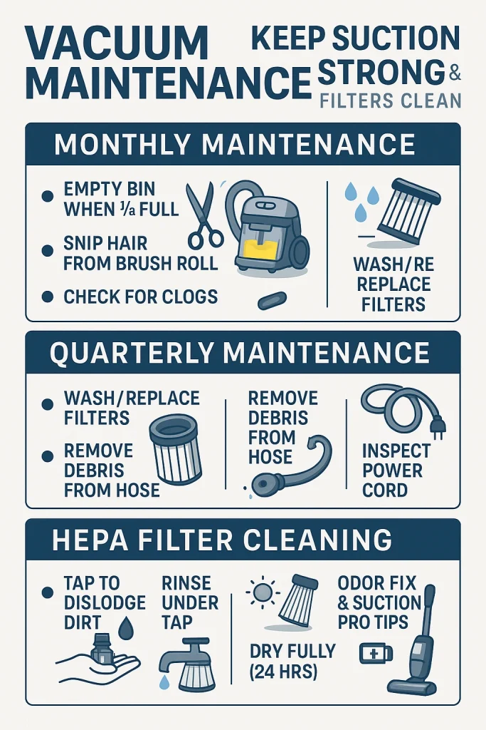 Infographic showing vacuum maintenance tips including monthly tasks like emptying the bin, removing hair from the brush roll, and checking for clogs; quarterly tasks like replacing filters and inspecting power cords; and HEPA filter cleaning steps like rinsing, drying, and odor removal